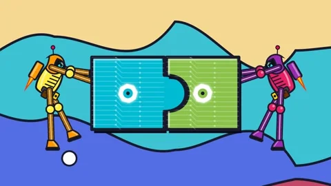 2D Cartoon Robots Pushing Tech Puzzle Pieces Together AI Integration Animation Stock Footage 341754779