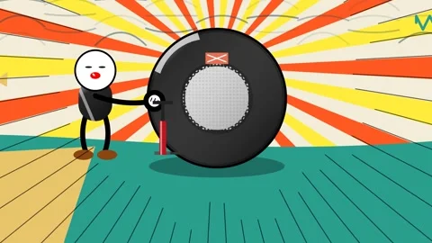 2D Cartoon Stick Figure Pumping Up Exploding Tire On Sunburst Stock Footage 341366609