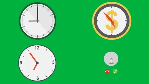 2d character animated cartoon style clock timer dollar sign coin on green. Stock Footage 310121845