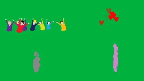 2d character crowd confetti paint splash on green screen chroma key 4k. Stock Footage 310121452