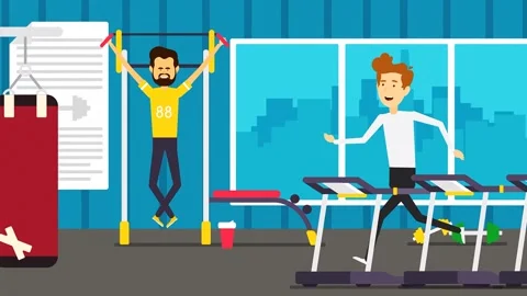 2d Characters Pulling Up And Running On Treadmill At Gymnasium Vídeo Stock 261426410