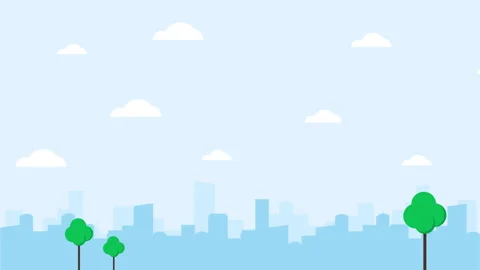 2D cityscape animation background with buildings, trees and clouds. Video stock 305780257