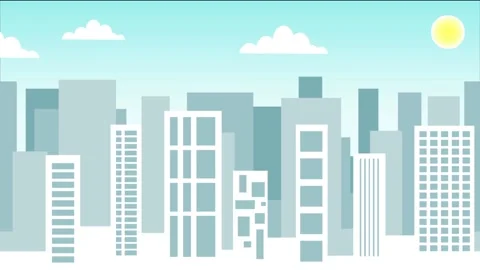 2D cityscape hd animation with clouds and sun. Moving skyline footage. Stock Footage 154579591