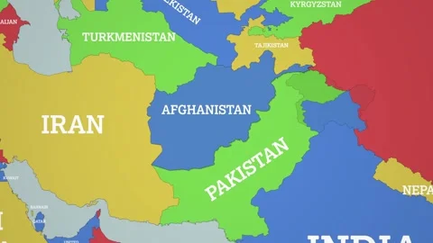 2D Colored Political World Map with a zoom of the Afghanistan and Neighbors Video stock 310987161
