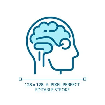 2D customizable simple thin linear blue brain and eye icon Stock Illustration