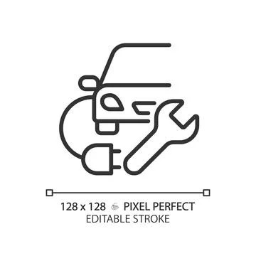 2D customizable thin line black electric car charging icon Stock Illustration