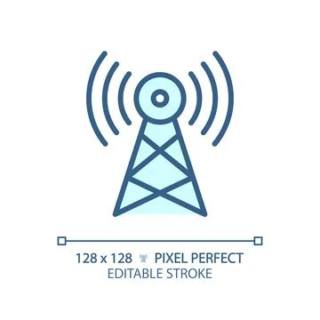 2D customizable thin linear blue satellite tower icon Stock Illustration