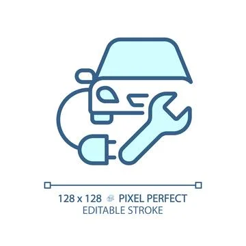 2D customizable thin linear blue electric car charging icon Stock Illustration