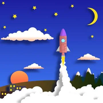 2d drawing banner of a rocket flying off into starry space and releasing a lot Stock Illustration