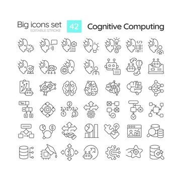 2D editable black big line icons set for cognitive computing Stock Illustration