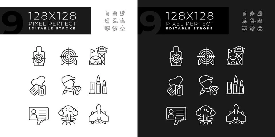 2D editable light and dark pixel perfect weapons icons set Stock Illustration