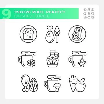 2D editable pixel perfect black allergen free icons Stock Illustration