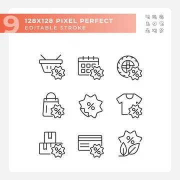 2D editable pixel perfect black discounts icons Illustrazione stock