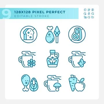 2D editable pixel perfect blue allergen free icons Stock Illustration