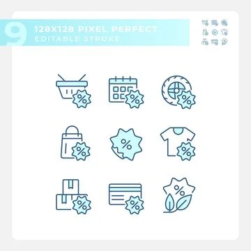 2D editable pixel perfect blue discounts icons Illustrazione stock