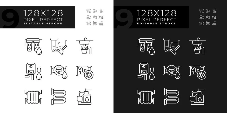 2D editable pixel perfect dark and light plumbing icons Illustrazione stock