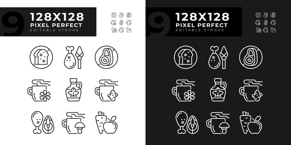 2D editable pixel perfect dark and light allergen free icons Stock Illustration