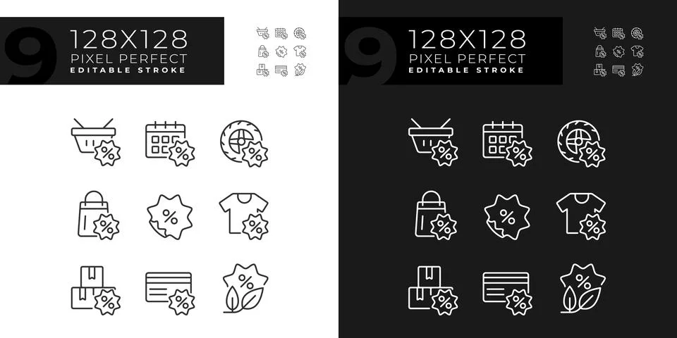 2D editable pixel perfect dark and light discounts icons Illustrazione stock