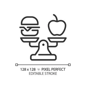 2D editable thin line black food on weight scale icon Stock Illustration