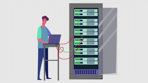 2D Engineer Working On Computer Server Rack Switchboard Alpha Channel Stock Footage 288155931