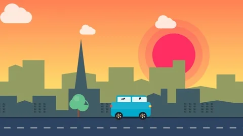 2D Flat Animation Of Blue Car Driving Through City Skyline At Sunset Video stock 341302894