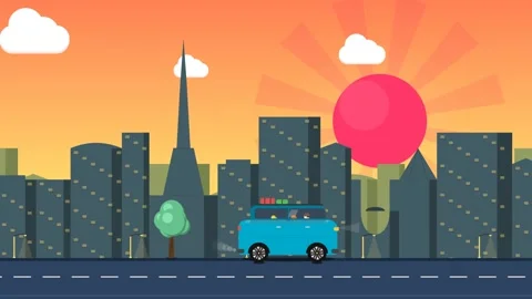 2D Flat Animation Of Blue Van With Luggage Driving In City At Sunset Stock-Footage 341302688