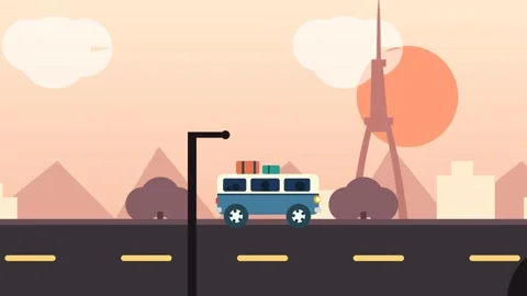 2D Flat Animation Of Camper Van Driving In Paris At Sunset Stock Footage 341302780