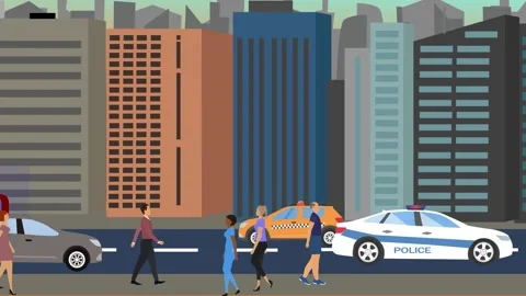 2D Flat animation of city background with people and cars running on the way Stock-Footage 265901662