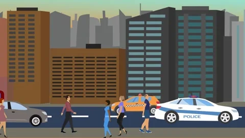 2D Flat animation of city background with people and cars running on the way Stock Footage 265901668