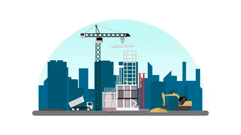 2d flat animation of construction building. 4k. with excavator crane and truck Vidéo 231846819