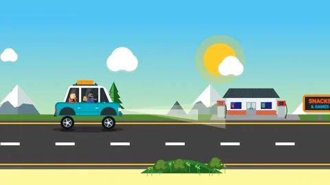 2D Flat Animation Driving Blue Car on Highway Sunny Day Video stock 341265261