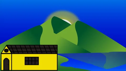 2D flat cartoons like mountains and a single hut, flat 2D computer animation Stockbeeldmateriaal 219477653