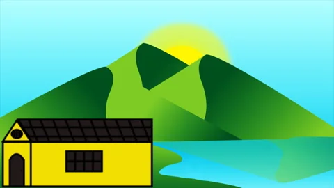 2D flat cartoons like mountains and a single hut, flat 2D computer animation Stock Footage 219478295