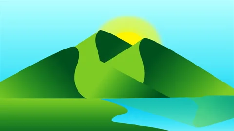 2D flat cartoons like mountains and a single hut, flat 2D computer animation Stock Footage 219478710