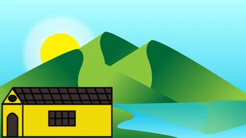 2D flat cartoons like mountains and a single hut, flat 2D computer animation. Stock Illustration
