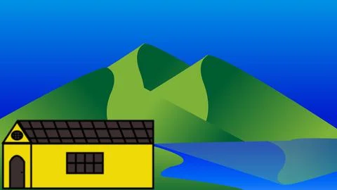 2D flat cartoons like mountains and a single hut, flat 2D computer animation. Stock Illustration
