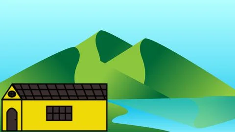 2D flat cartoons like mountains and a single hut, flat 2D computer animation. Stock Illustration