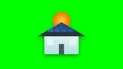 2D flat icon illustration of a house with a solar roof panel glowing softly.. Видео 346202171
