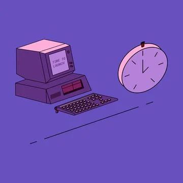 2D flat illustration of a retro computer and stopwatch Stock Illustration