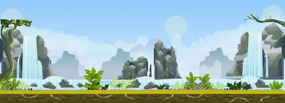 2D Flat Side Scrolling Waterfall Game Background and Vector Illustration Stock Illustration