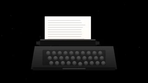 A 2D flat vector illustration of a charcoal-colored typewriter on a black b.. Stock-Footage 346202276