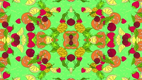2D Fruit Kaleidoscope Pattern on Green Video stock 244658240