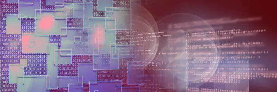 2d geometric shapes and computer code against gradient background, program Stock Illustration
