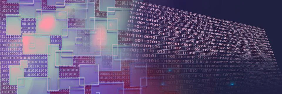 2d geometric shapes and computer code against gradient background, program Stock Illustration