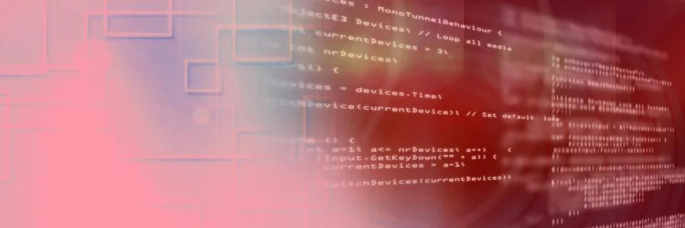 2d geometric shapes and computer code against gradient background, program Stock Illustration