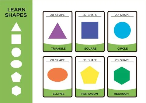 2D Geometric Shapes. Basic Geometrical Shapes For Children. 6 Flashcards Stock Illustration