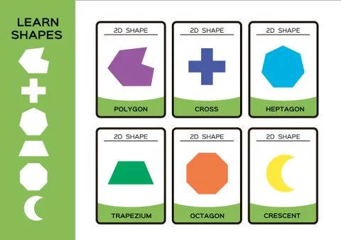 2D Geometric Shapes. Basic Geometrical Shapes For Children. 6 Flashcards Stock Illustration