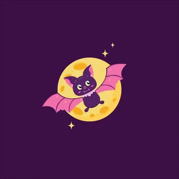 2D graphic cute bats flying in front of the full moon during the Halloween ce Stock Illustration