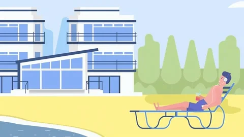 2D Guy Resting On Beach Lounge, Waves Break On Shore 動画素材 306514868