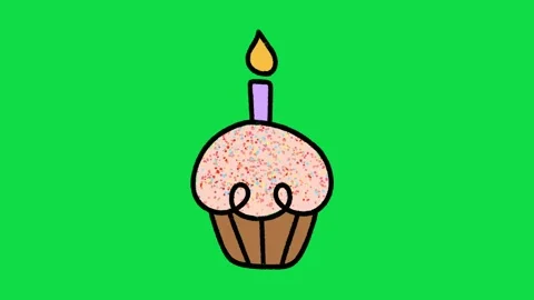 2D Hand Drawn Birthday Cupcake with Candle Animation Overlay on Green Screen Stock Footage 344809789